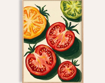 May include: A framed art print featuring a still life of sliced tomatoes. The tomatoes are painted in shades of red, orange, and green, with green stems and dark green shadows. The background is a light beige color, and the frame is a light brown wood.