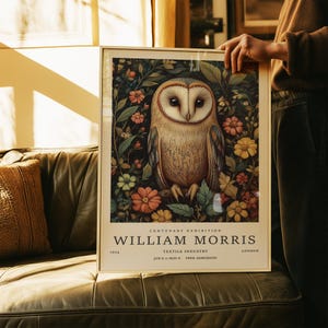 Owl Wall Art Vintage Barn Owl Print – Botanical Forest Animal Illustration for Nature Gallery Walls, William Morris Inspired Bird Decor