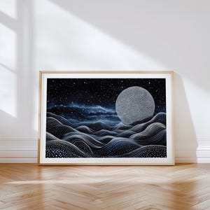 Moon Wall Art With Celestial Sky and Abstract Lunar Texture | Minimalist Cosmic Print for Bedroom or Office | Serene Night Poster