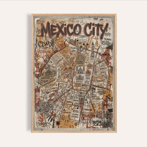Pode incluir: Uma impressão emoldurada de um mapa da Cidade do México, com um estilo desenhado à mão com nomes de ruas e pontos de referência. O mapa está em tons de castanho, laranja e cinza, com "MEXICO CITY" em letras grandes. Texto em estilo grafite também é visível.