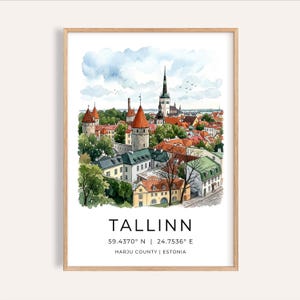 Baltic Tallinn City Wall Art - Illustrated Old Town with Birds and Clouds