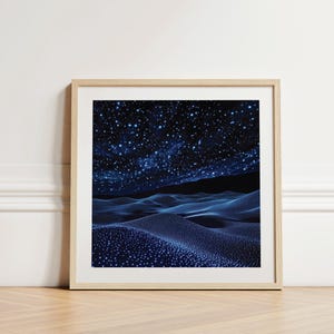 Nightscape Wall Art With Glowing Blue Dots | Surreal Celestial Landscape Print for Bedroom or Study | Square Cosmic Dream Poster