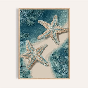 May include: Framed art print showing two starfish with tan and teal patterns, set against a teal and beige backdrop. The artwork evokes a beach scene with detailed textures and a natural wood frame.