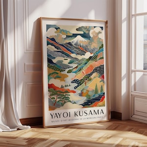 Impressão do Monte Fuji de Yayoi Kusama | Pôster de paisagem montanhosa japonesa | Arte moderna colorida para sala de estar, quarto ou escritório