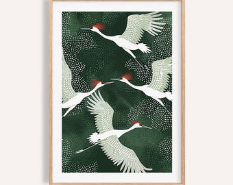 Japanese Crane Art Print: Japandi Green Nature Decor