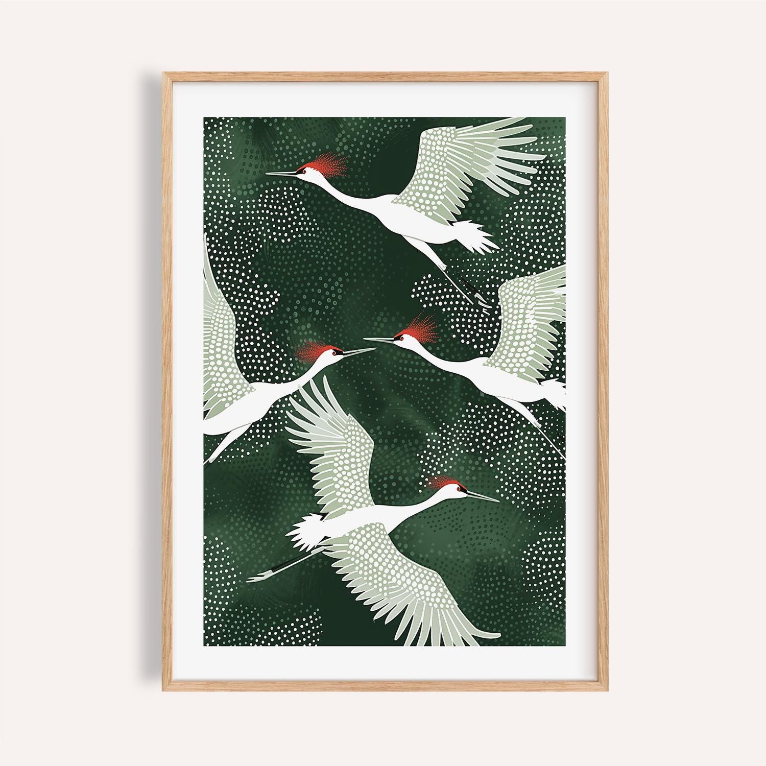 Japanese Crane Art Print: Japandi Green Nature Decor - Etsy