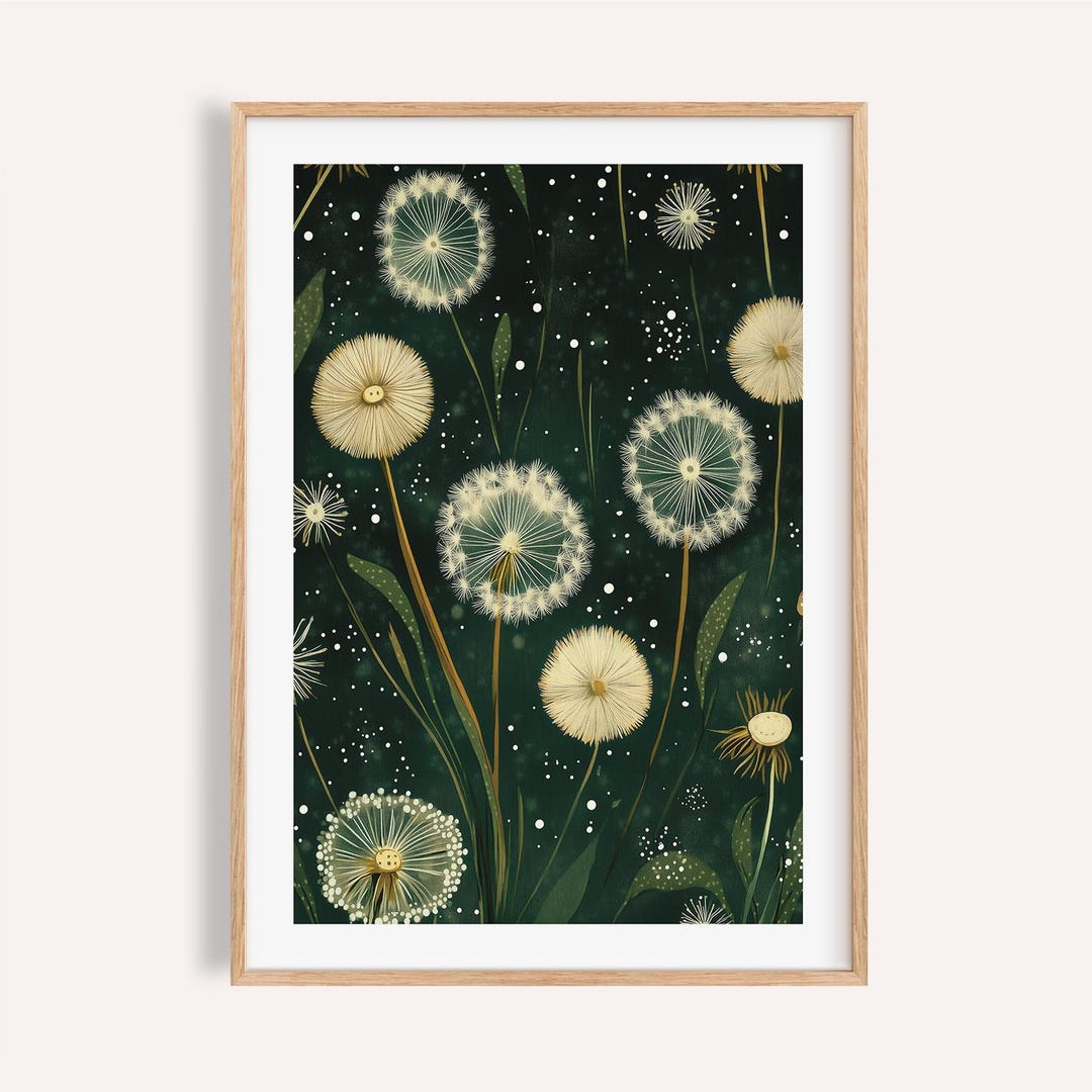 Dandelion Botanical Print: Dark Green Japandi Wall Art - Etsy
