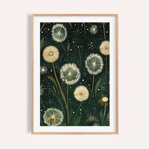 Dandelion Botanical Print: Dark Green Japandi Wall Art