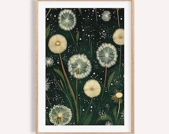 Dandelion Botanical Print: Dark Green Japandi Wall Art