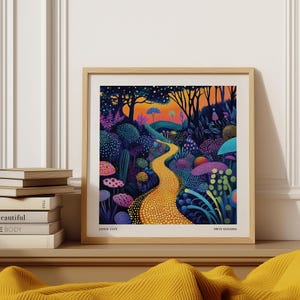 Arte murale del sentiero nella foresta incantata / Poster fantasy ispirato a Yayoi Kusama / Decorazione quadrata colorata per soggiorno, camera da letto