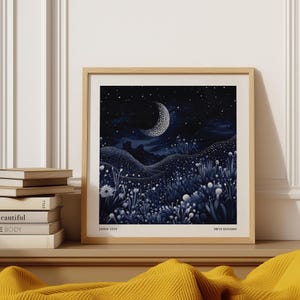 Mondschein Traumlandschaft Wandbild | Yayoi Kusama inspirierter Nachthimmel Poster | Quadratischer himmlischer Dekor für Schlafzimmer, Wohnzimmer