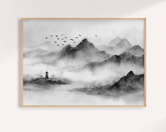 Ink Mountain Landscape Print: Asian Pagoda, Flying Birds