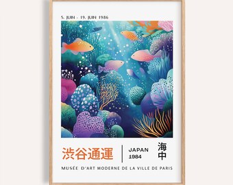Impresión artística de peces japoneses: Póster colorido del océano tropical