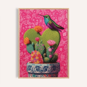Kolibri Kaktus Kunstdruck: Mexikanische Blumen Wanddeko