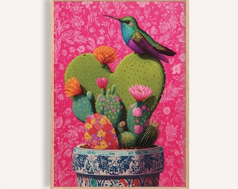 Hummingbird Cactus Art Print: Mexican Floral Wall Decor