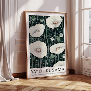 Poppy Wall Art White Poppy Flower Print with Green Stems on Dark Background – Minimal Botanical Artwork for Bedroom, Yayoi Kusama Inspired