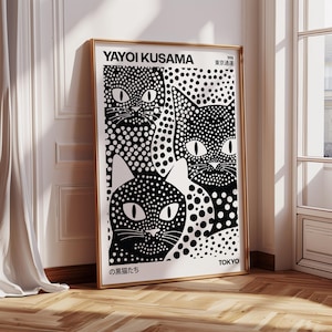 Funky Wall Art of Black Cat Large Wall Art for Apartment Decor Japandi Wall Print Abstract Cat Art Poster Japanese Art Yayoi Kusama Inspired