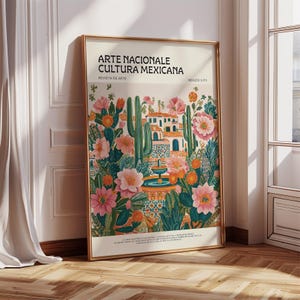 Folk Art Mexico Print | Colorful Mexican Garden Wall Art with Cactus & Flowers, Boho Home Decor, Vintage Style Poster for Eclectic Interiors