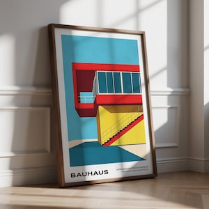 Art Mid Century Modern Bauhaus Wall Art Print Red Yellow Blue Architecture Poster Geometric Minimalist Design for Modern Home Decor