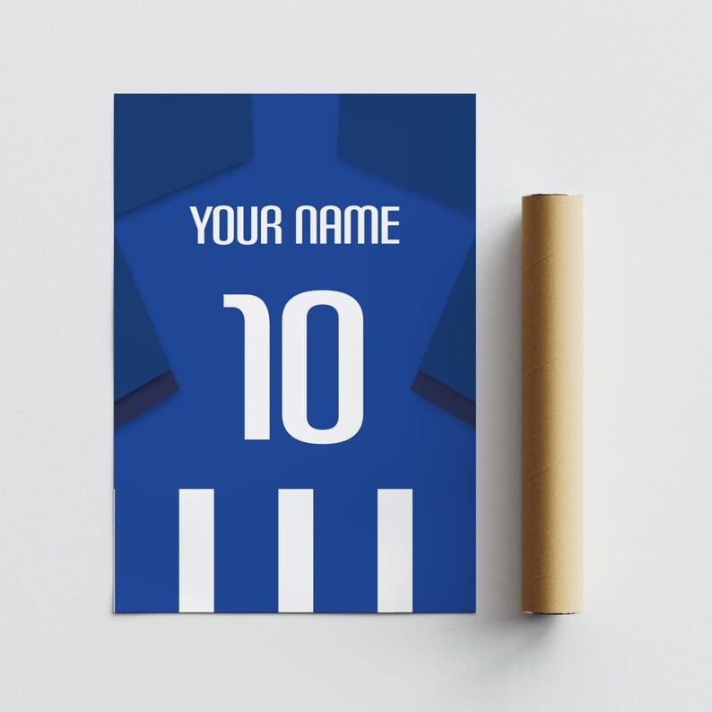 A blue soccer jersey with the number 10 printed on it, along with a cardboard tube.