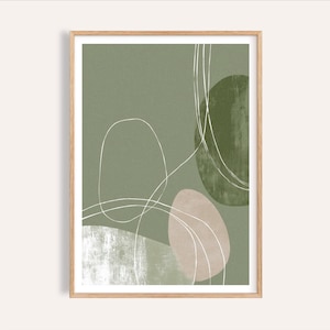 以下が含まれることがあります： 木製フレームに入った抽象的なアートプリント。 オリーブグリーン、ベージュ、白の有機的な形と白い線状のアクセントが特徴です。 全体的なデザインはミニマリストでモダンで、インテリア装飾に適しています。