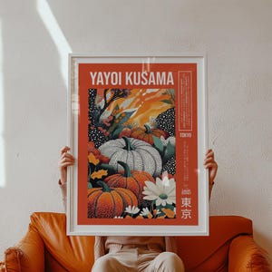 Inspired by Yayoi Kusama Pumpkin Print – Bold Orange and White Pumpkin Artwork with Dots and Autumn Florals, Japanese Pop Art Poster