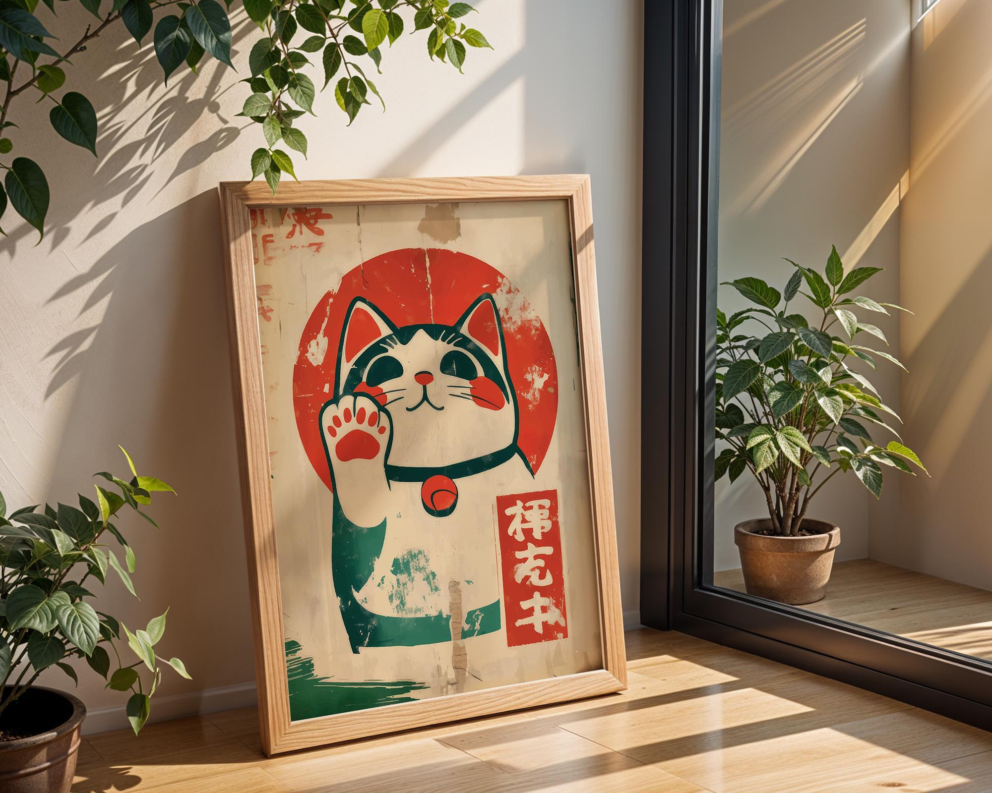 招き猫プリント：日本の招き猫のレトロな壁アート - Etsy 日本