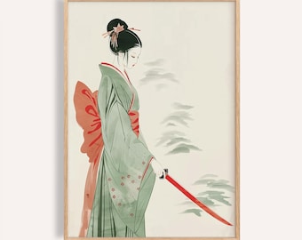 Samurai Woman Watercolor Art Print: Kimono Warrior with Red Katana