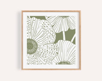 Estampado floral minimalista verde oliva: Arte mural botánico Japandi