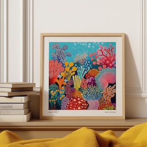 Unterwasser Poster - Yayoi Kusama inspiriertes Korallenriff Kunstdruck, lebendige Ozeanszene für Küsten- oder Kinderzimmerdekor