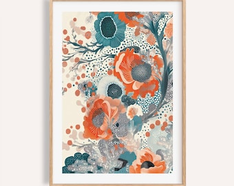 Botanical Floral Print: Teal, Orange, and Navy Japanese Wall Art