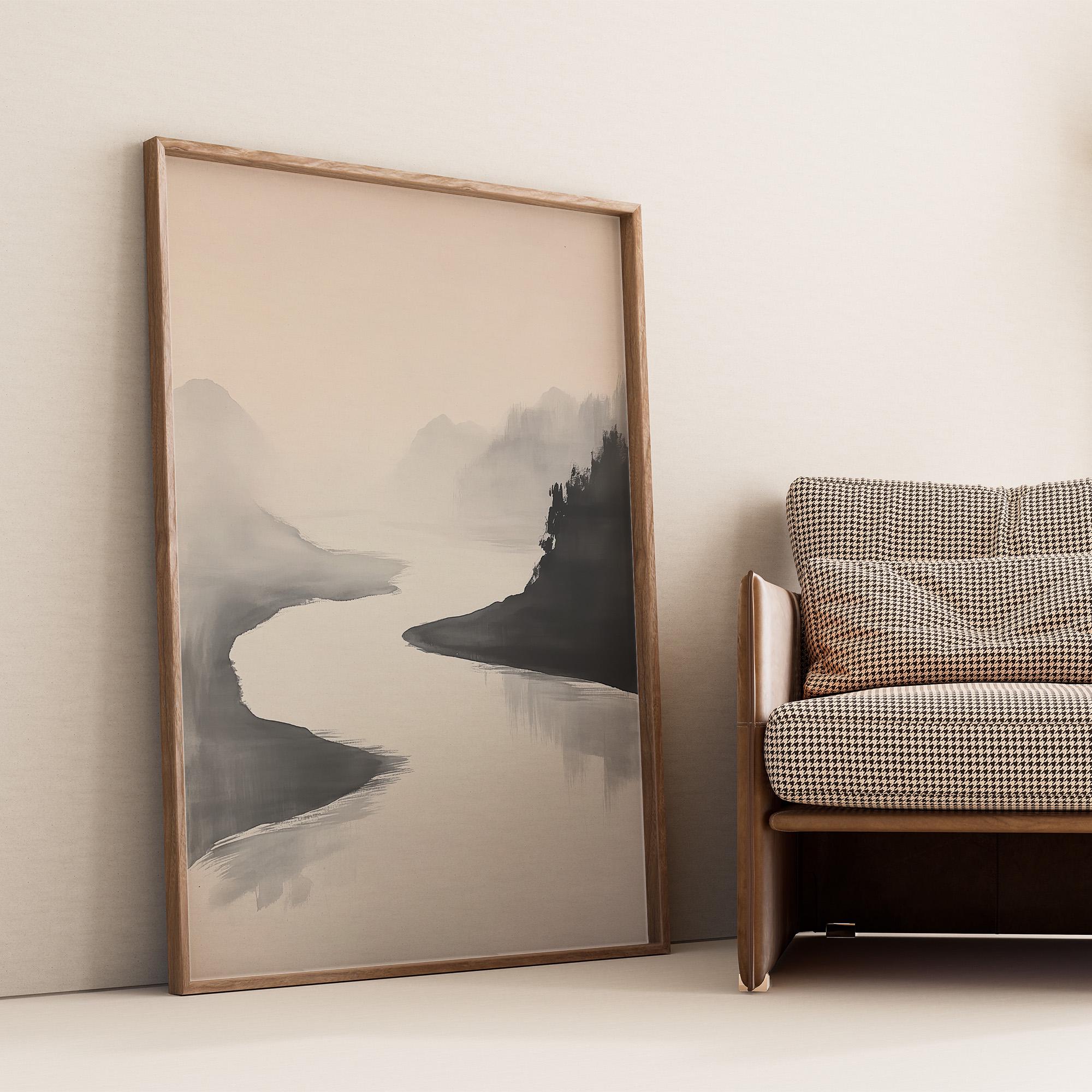 水墨画：霧の川の風景、侘び寂びアート - Etsy 日本