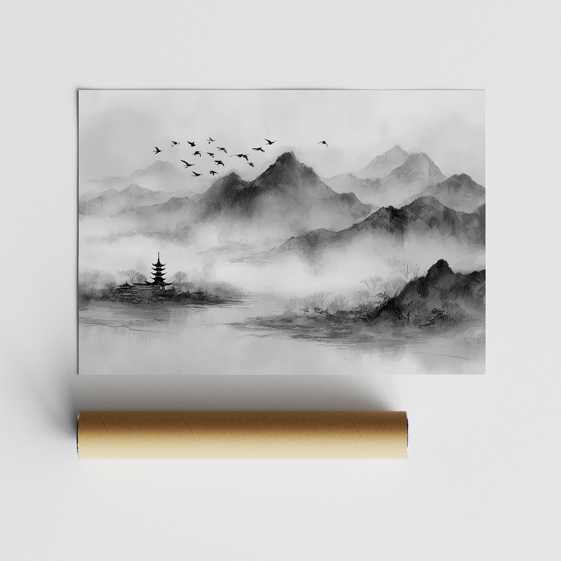 墨山風景画：アジアの塔、飛ぶ鳥 - Etsy 日本