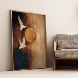 Arte de pared japonés con diseño de luna y wabi sabi / Póster de grullas serenas y luna / Arte de pared minimalista de lujo para sala de estar, decoración de pared llamativa para el hogar