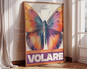 Retro Exhibition Poster Volare Butterfly Wall Art Italian Modern Decor for Vibrant Homes | Colourful Statement Wall Art for Living Room
