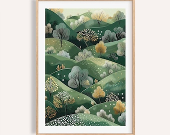 Japandi Rolling Hills Print: Green & Gold Landscape Art