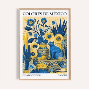 Mexican Cat Art Print: Otomi Floral Folk Art, Boho Home Decor