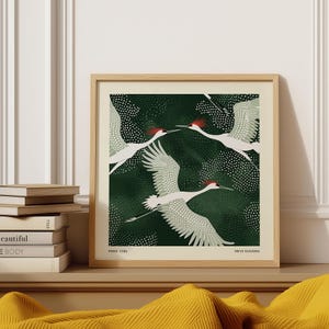 Grúas de Japón, arte de pared, impresión minimalista de aves japonesas, póster inspirado en Yayoi Kusama para el hogar, la oficina, la sala de estar o la entrada