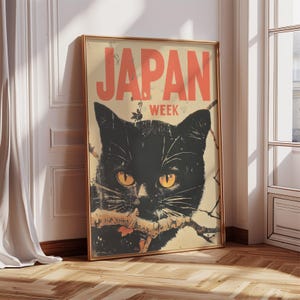大胆な日本のアートポスター 黒猫 ウォールプリント ヴィンテージアート装飾 レトロ ウォールアート リビングルーム用 特大 日本のアートプリント 猫好きへのギフト