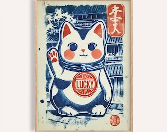 Maneki Neko Lucky Cat Poster: Japanese Good Fortune Wall Art - Etsy