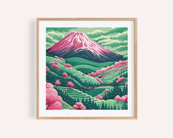 Affiche D'art Mural Fleur De Cerisier Et Montagne Fuji Style Japonais - Impression Giclée Sur Toile Ou Papier, Style Art Déco, Multicolore