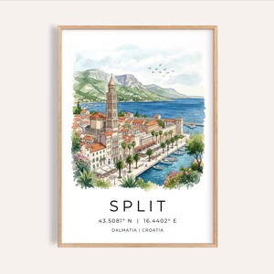 Split Dalmatien Kunstdruck: Aquarell Hafenviertel mit Glockenturm