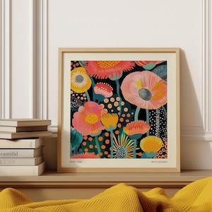 Stampa artistica da parete floreale colorata, stampa quadrata ispirata a Kusama, poster vibrante per soggiorno, decorazione della camera da letto / immagine floreale per mensola da bagno