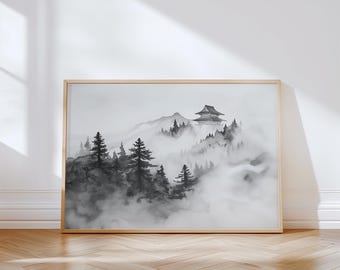 日本の墨絵風景画：霧深い山寺の風景 - Etsy 日本