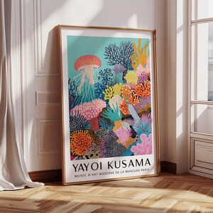 Coral Reef Art Colorful Ocean Wall Print with Marine Life and Dotted Texture, Vibrant Underwater Botanical Poster inspired by Yayou Kusama
