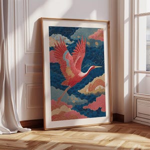 Vintage Japanese Print of a Red Crane in Flight, Traditional Oriental Wall Art for Living Room | Timeless Statement Bird Print for Bedroom