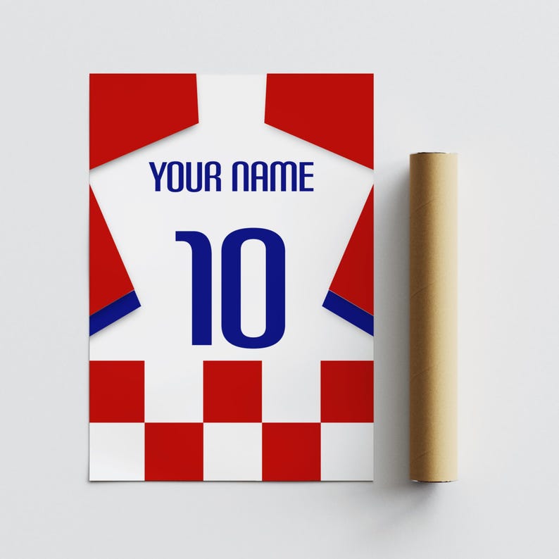 Soccer jersey artwork inspired by Croatia with red trim details and custom number, stylish team spirit decor for any space