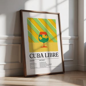 Large Colorful Wall Art Cuba Libre Cocktail Poster – Retro Recipe Print with Diagonal Stripes, Bright Bar or Kitchen Decor