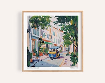 Holiday Posters – Bangkok Street Scene with Tuk-Tuk and Colorful Storefronts, Painterly Thailand Travel Print