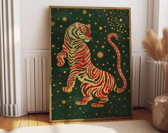 Japanese Tiger Art Print: Green & Gold Abstract Wall Decor
